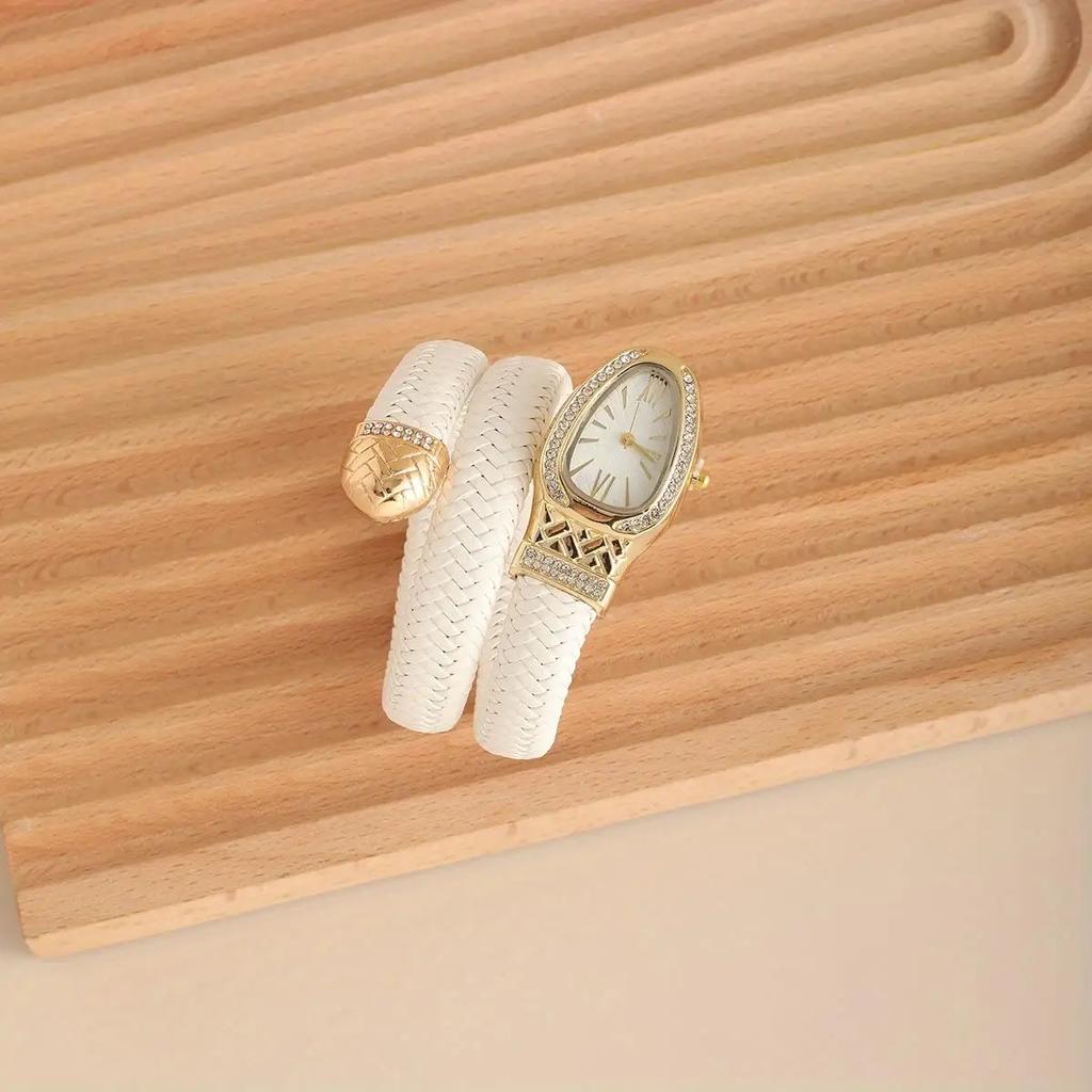 Fashion Women Snake Shape Quartz Watches Weave Luxury Rhinestone Roma Dial Wristwatch Girls Clock Reloj Mujer