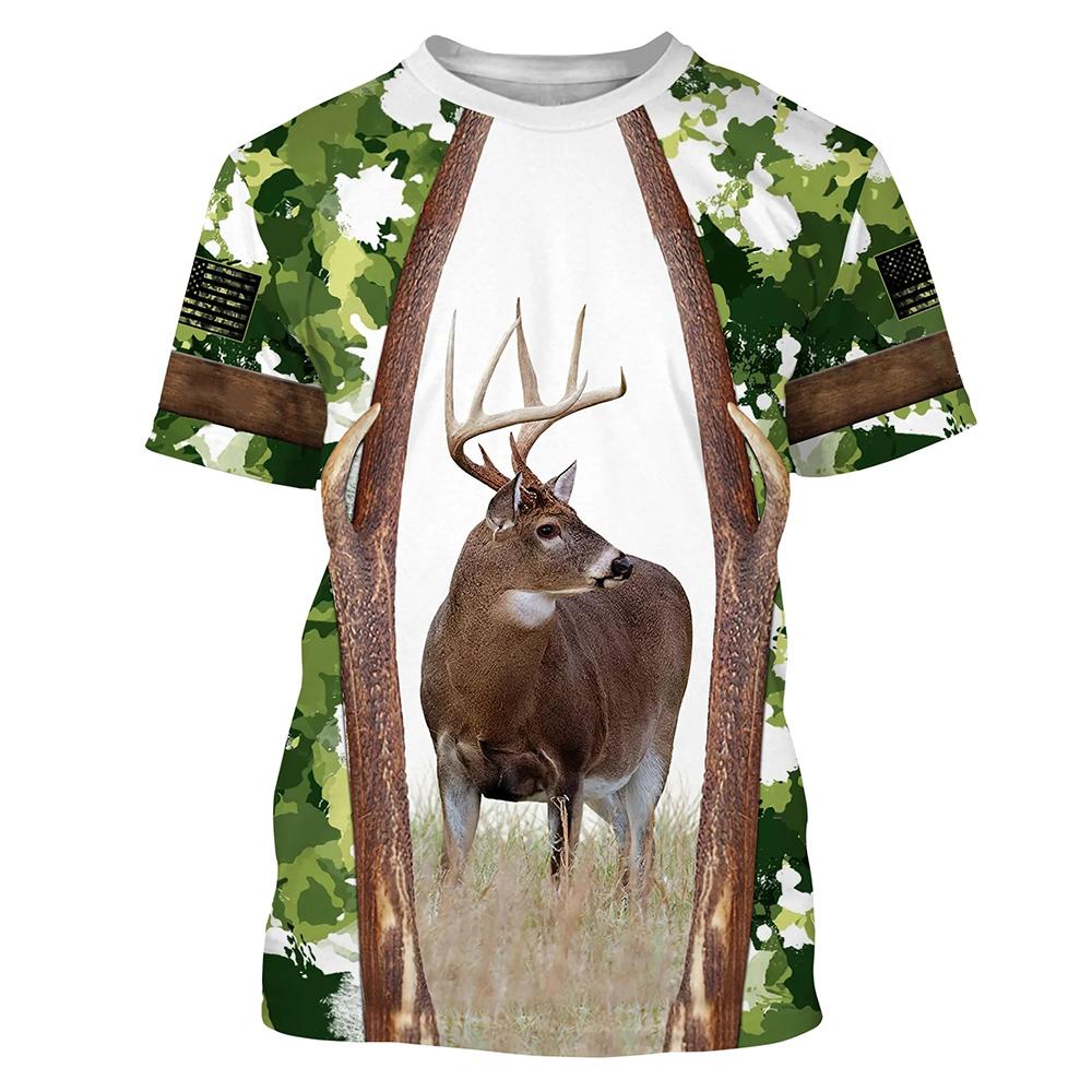 2024 Men's Hunting Deer Pattern Printed Summer O-neck T-shirt Casual Short Sleeve Fashionable Street Clothing Men's Clothing