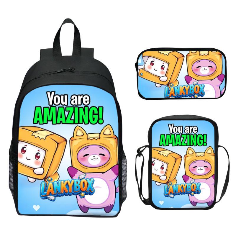 Lankybox Blocky Plüsch 3-teiliges Set Rucksack Cartoon Anime Schultasche für Kinder