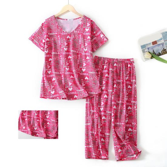 Women Cotton Pajama Set Short Sleeve Top with Capris Pants Sleepwear Set Summer Casual
