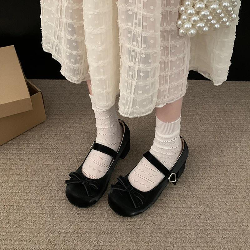 Fashion Preppy Butterfly-Knot Low Heel Mary Janes Women Vintage Solid Buckle Strap Pumps Woman Cute Sweet Lolita Single Shoes for Ladies