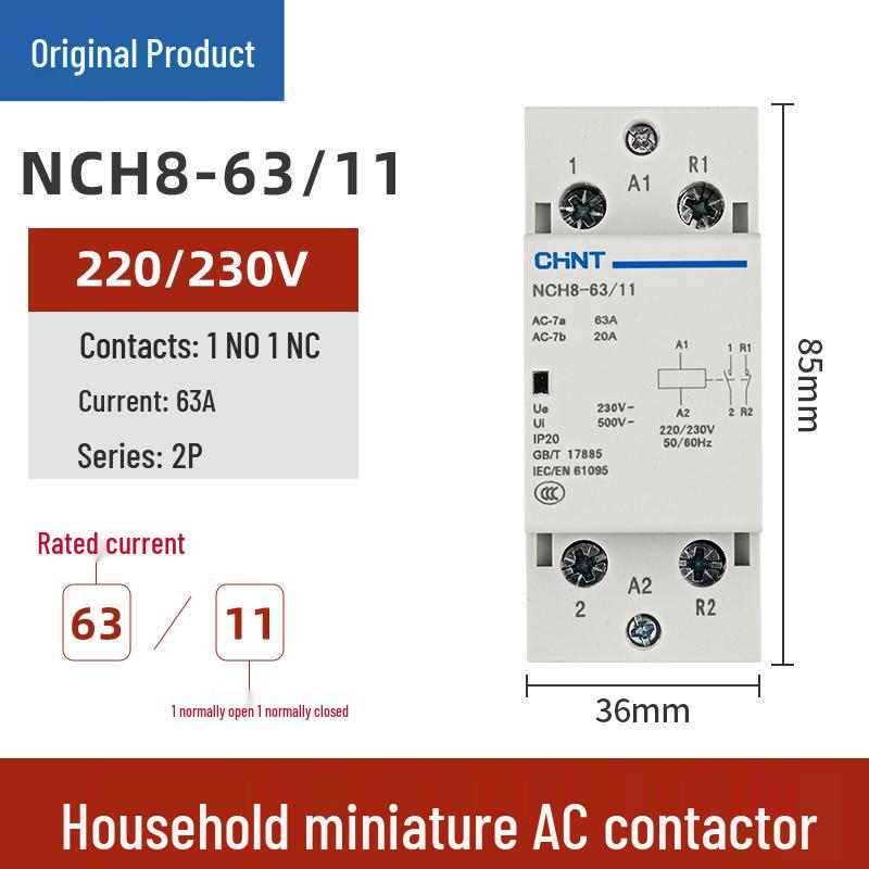 Chint Single-Phase AC Contactor NCH8-20/20, 20A, 240V, 2P, DIN Rail Mount