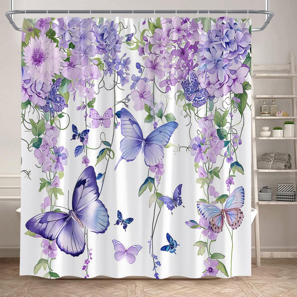 Floral Shower Curtains Watercolour Flowers Butterfly Plant Modern Minimalist Bathroom Curtain Polyester Fabric Home Decoration