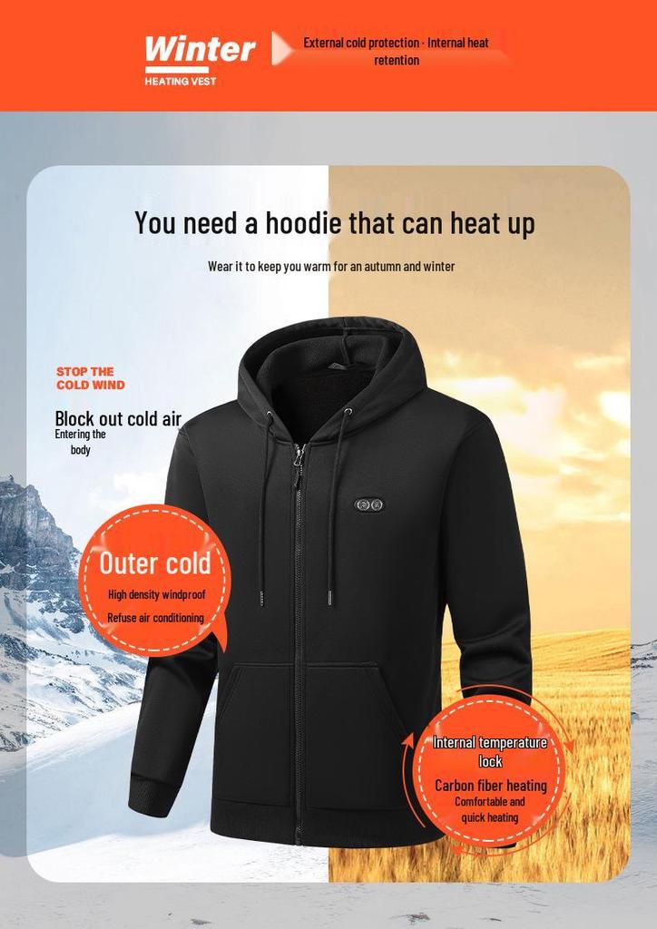 Men's Heated Zip-Up Hoodie – Heat-Generating, Sport Casual, Solid Color Cardigan.