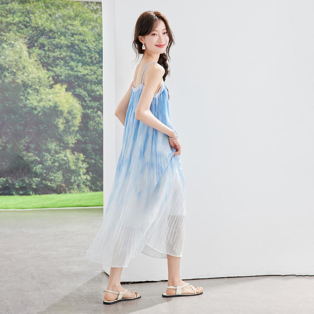 V-neck suspender dress women's summer new chiffon blue gradual change holiday wind seaside beach skirt polyester