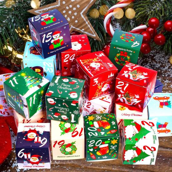 24Pcs Christmas Advent Calendar Boxes Cardboard Number Candy Boxes DIY 24 Days Countdown Gift Festive Decoration