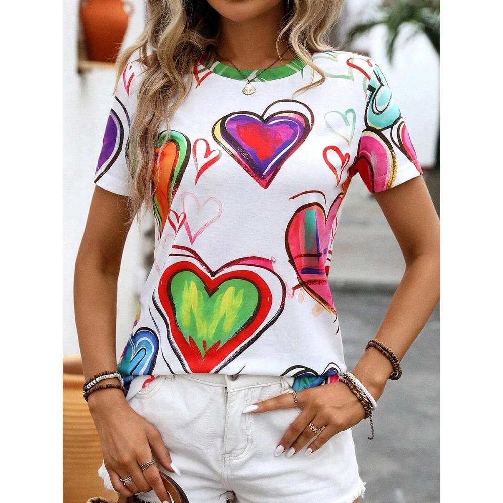 3D Printed Short-sleeved Heart-printed Women's Round Neck T-shirt Summer Literary Loose Women's Casual Short-sleeved Top Y2K