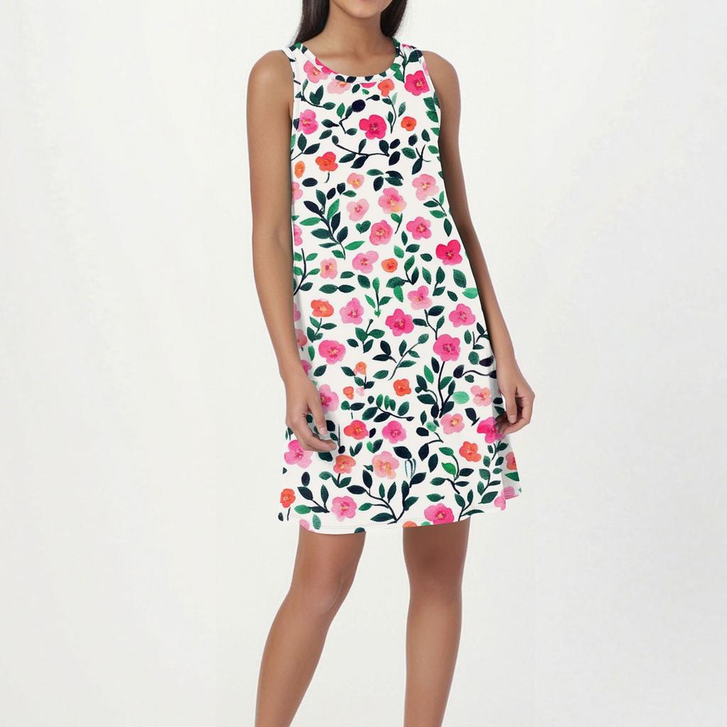 Women's Fashion Beach Dress Sleeveless Round Neck Floral Print Dress