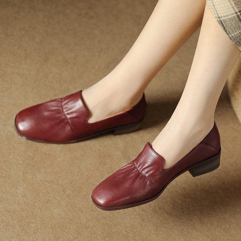 Chaussures simples à talons bas en cuir souple à la mode française pour femmes, chaussures de grand-mère à bouche profonde, chaussures confortables en cuir