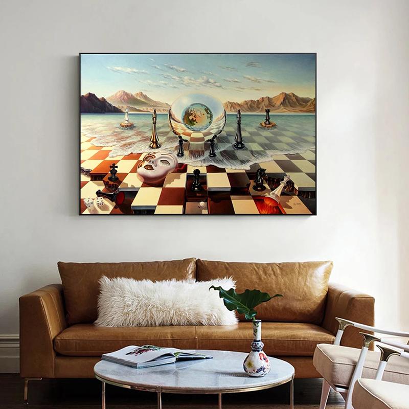 Salvador Dali Abstract Weird Canvas Painting Surrealism Chess Mask On Sea Poster Print Wall Art for Living Room Wall Decoration