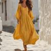 Women's Square Neck Long Sleeve Maxi Dress, Color Cinched Waist Casual Dress