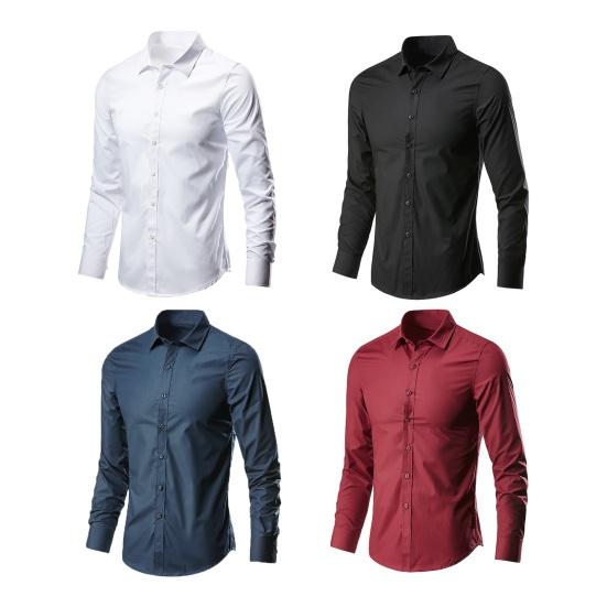 Men Shirt Turn-down Collar Long Sleeve Single-breasted Solid Color Stretchy Slim Fit Soft Plus