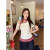 Summer Sweet Babes Retro Plaid Splicing Chic Short Sleeves Fashion Waist Thin Versatile Small Top Women
