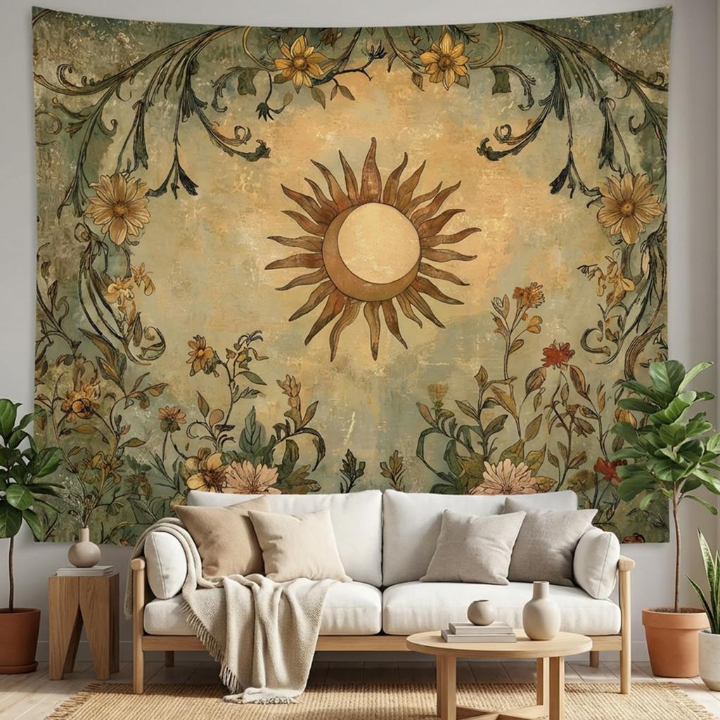 Mystic Celestial Moth Tapestry, Sun Moon Phase Floral Mushroom Print Large Wall Hanging for Bedroom Living Room Aesthetic Decor
