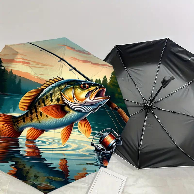 1PC Fishing Rod Lake Automatic Open/Close Umbrella with Windproof, 8-Rib Sturdy Canopy, Durable Ribs, Fashionable Design, Outdoor Accessory, Fun Prin,