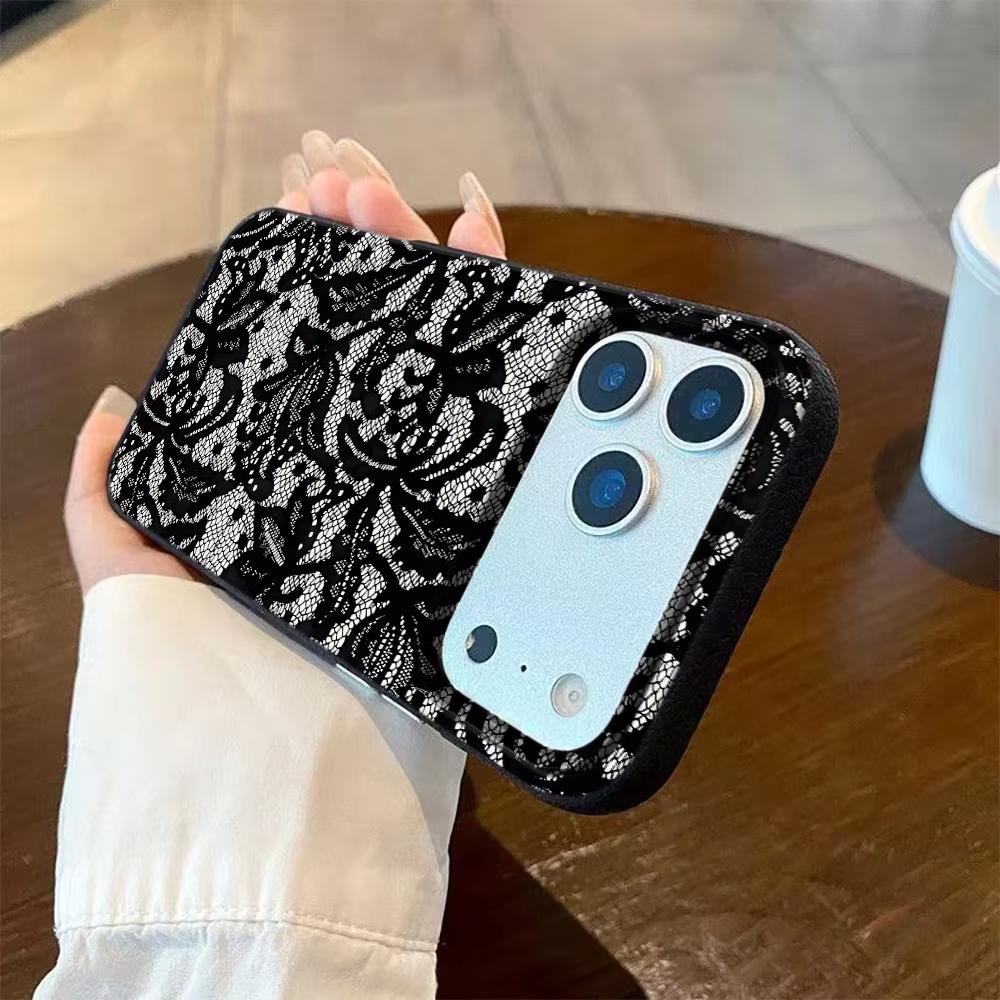 Black Lace Pattern Phone Case For iPhone 17 Pro Max 16 Plus 15 Pro 14 11 13 12 11 16E 17Air XR XS Lychee Textur Soft Cover