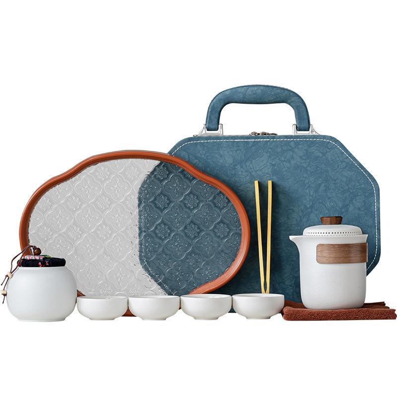 Chinese retro minimalist Dehua coarse pottery Lingxue pot portable four cups outdoor travel tea set business trip souvenir