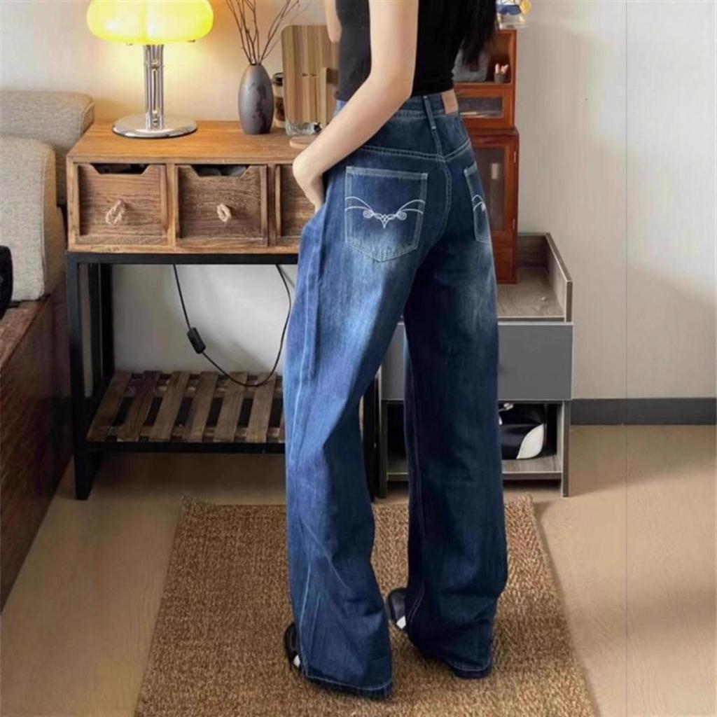 Women's High Waist Embroidered Blue Loose Jeans - Summer 2025 Retro Thin Floor-Length Straight Leg