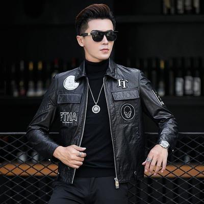 Jaqueta de Couro Nova Primavera e Outono Masculina Bordada com Lapela Jaqueta de Couro Motocicleta Harley Estilo Coreano Jaqueta Slim