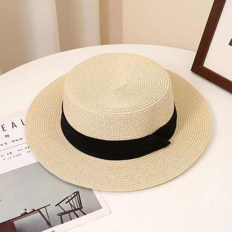 Flat top straw hat summer seaside vacation beach hat sun protection big head circumference retro temperament fashion sun protection hat