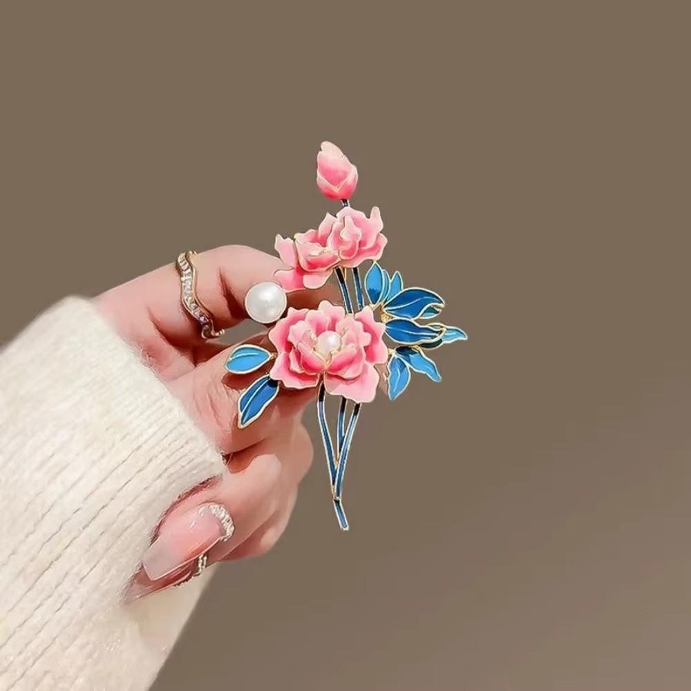 Elegant Peony Flower Corsages Chinese Style Enamel Pin Vintage Cloisonne Brooch  Casual Suit
