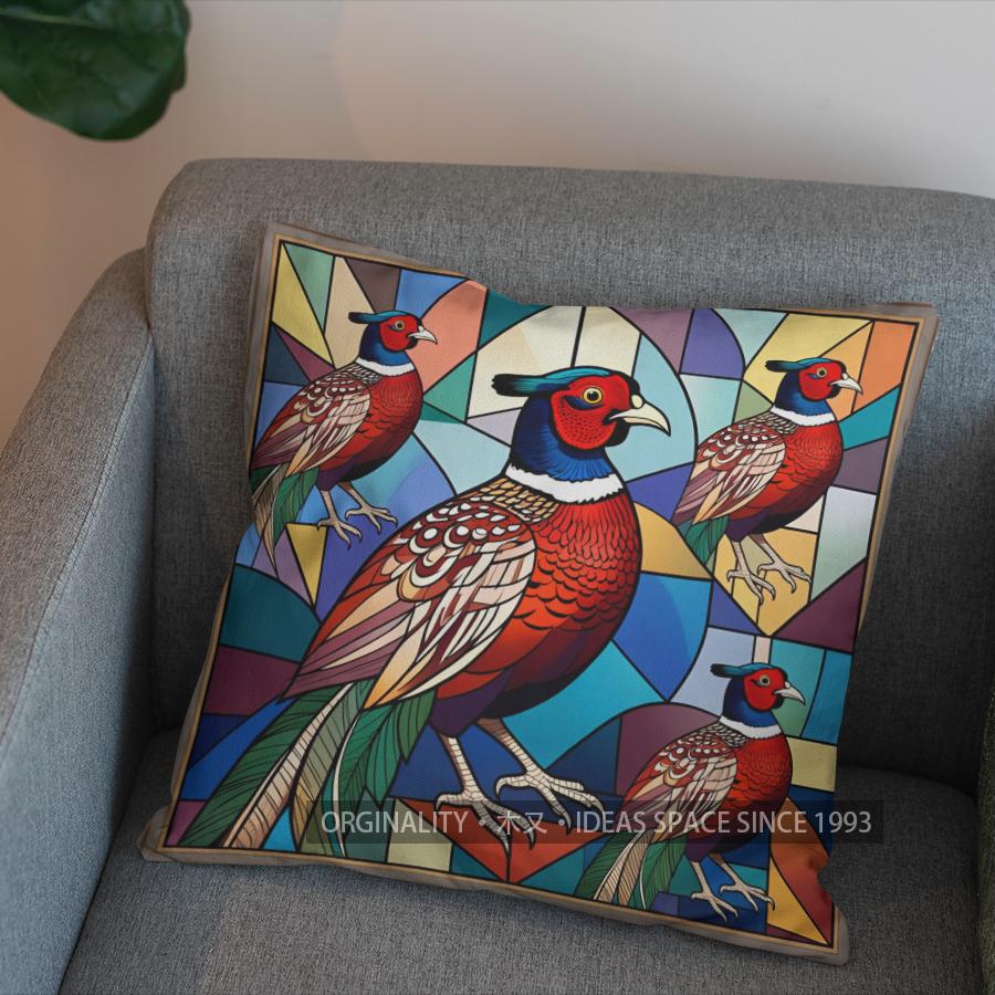 2D Stained Glass Style Pheasant-Printed Pillow Cover Pattern Cushion Cover Suitable For Sofa Bedroom Car Pillow Cover