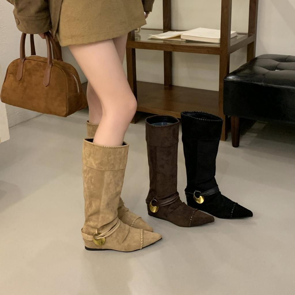 Sleeve stacking boots 2025 autumn new wedge heel metal buckle tip inner height increase matte leather high boots