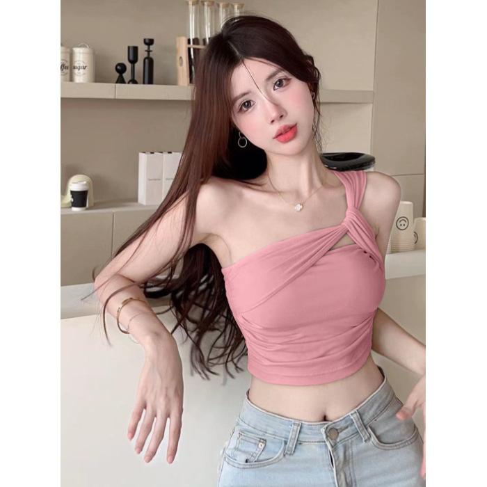 Sweet Spice Girl Shoulder Suspender Small Vest Women's Summer Pure Desire Wind Folded Clavicle Sexy Inside and Outside Short Top