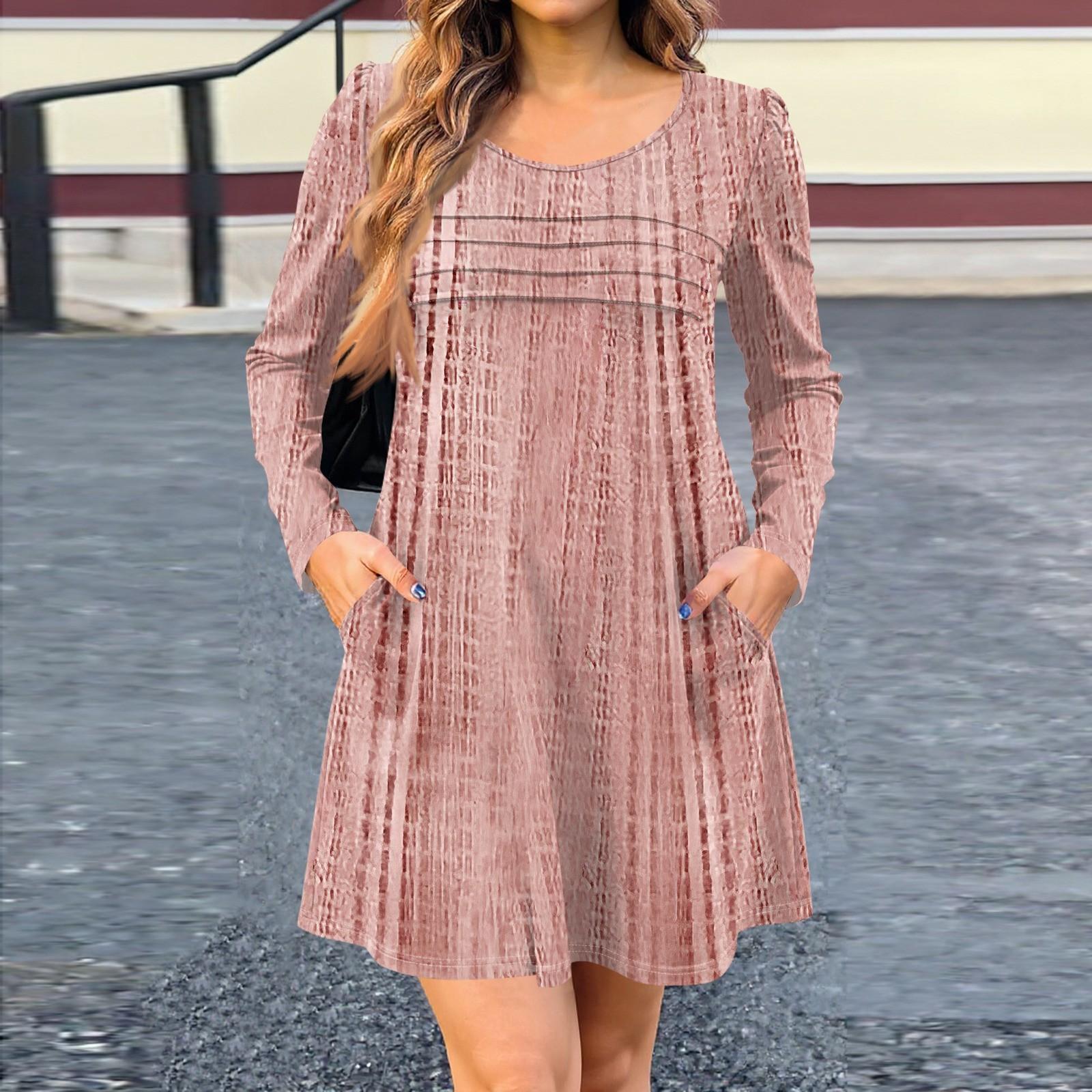 

Women s Long Sleeve Dress Fall Casual T Shirt Loose Fit Pleated Front Dresses With Pockets XXL рожевий