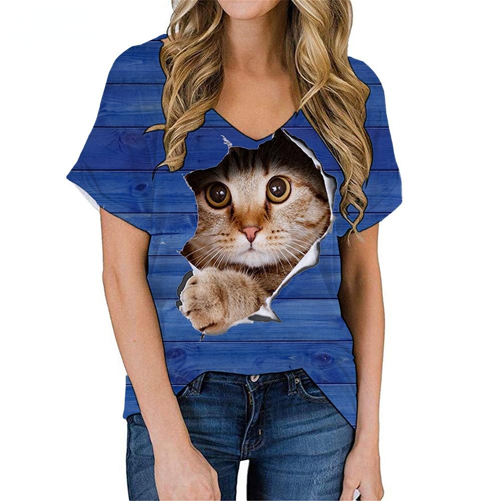 Fashion Spring  Kitten Print Blouses Short Sleeved V-Neck T Shirts Casual