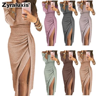 Vestido de Un Hombro con Abertura y Diseño High-Low - Vestido de Noche Brillante