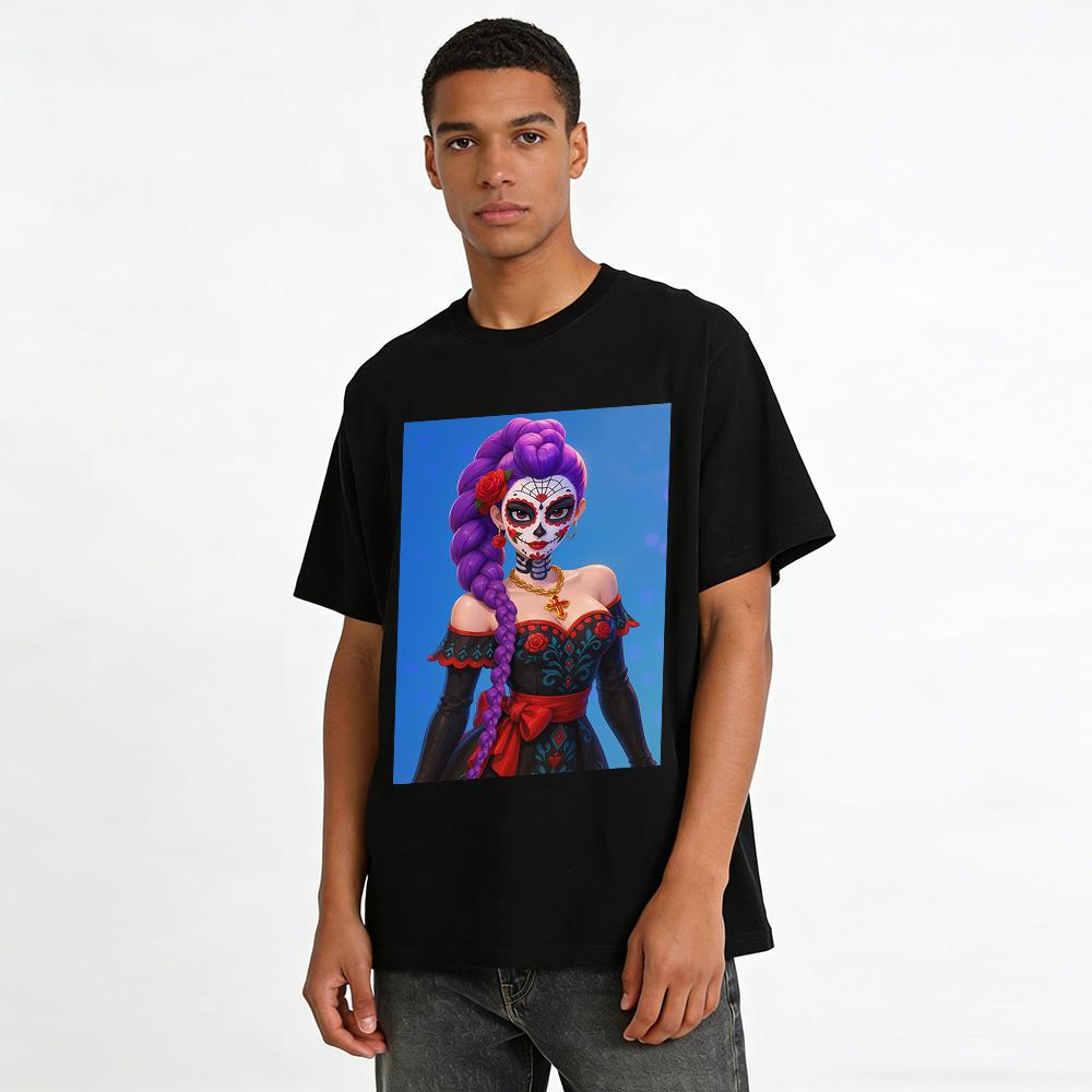 Day of the Dead Purple Hair Sugar Skull Print Off Shoulder Top Mexican Festival Retro Blouse Pure cotton T-shirt