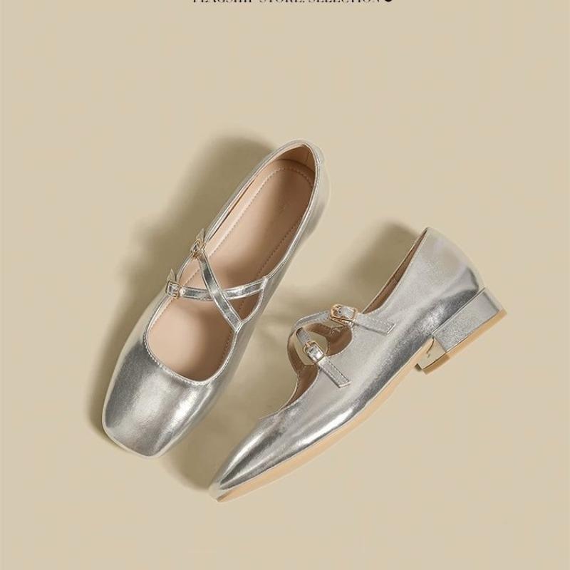 Mary Jane Women's Shoes Small Leather Shoes Shallow Mouth Low Heel Silver Single Shoe