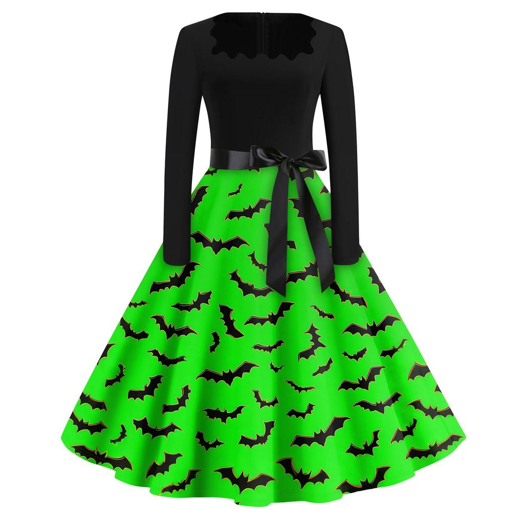 Halloween Print Flare Dress For Women Long Sleeve Dress Hollow Party Casual Dresses