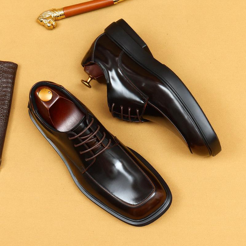 Big Head Helle Lederschuhe Square Head Plateau Britische Lackleder Glanzschuhe Business Casual Derby Schuhe