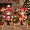 Set of 2 Christmas Cow Wood Carved Figurine Ornaments with Santa Hat, Holiday Cow Decor for Mantel Shelf