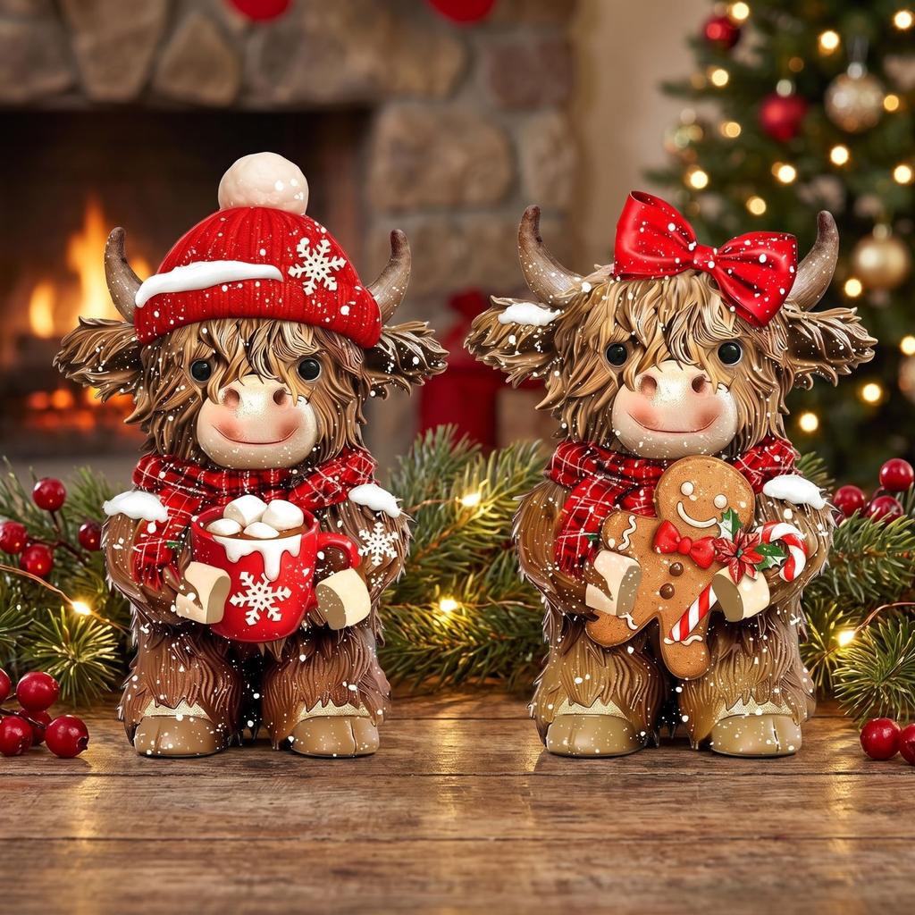Set of 2 Christmas Cow Wood Carved Figurine Ornaments with Santa Hat, Holiday Cow Decor for Mantel Shelf