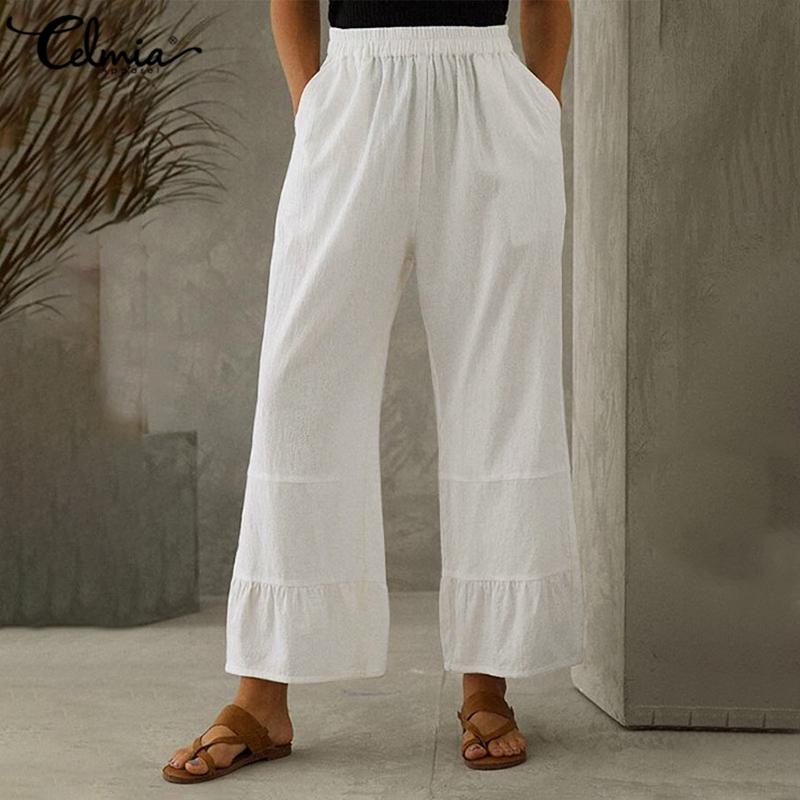

Celmia Хлопок Широкая Штанина Эластичная Талия Свободные Длинные Брюки Осень Весна Женские