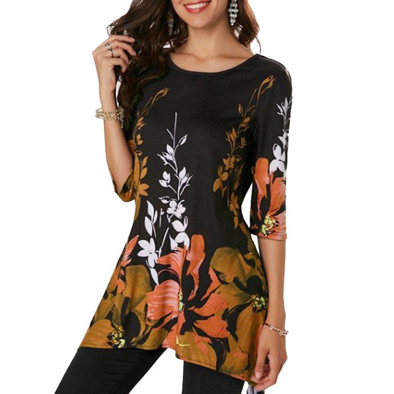Plus Size Womens Asymmetric Floral Printed Short Sleeve Tunic Blouse For Summer Comfort