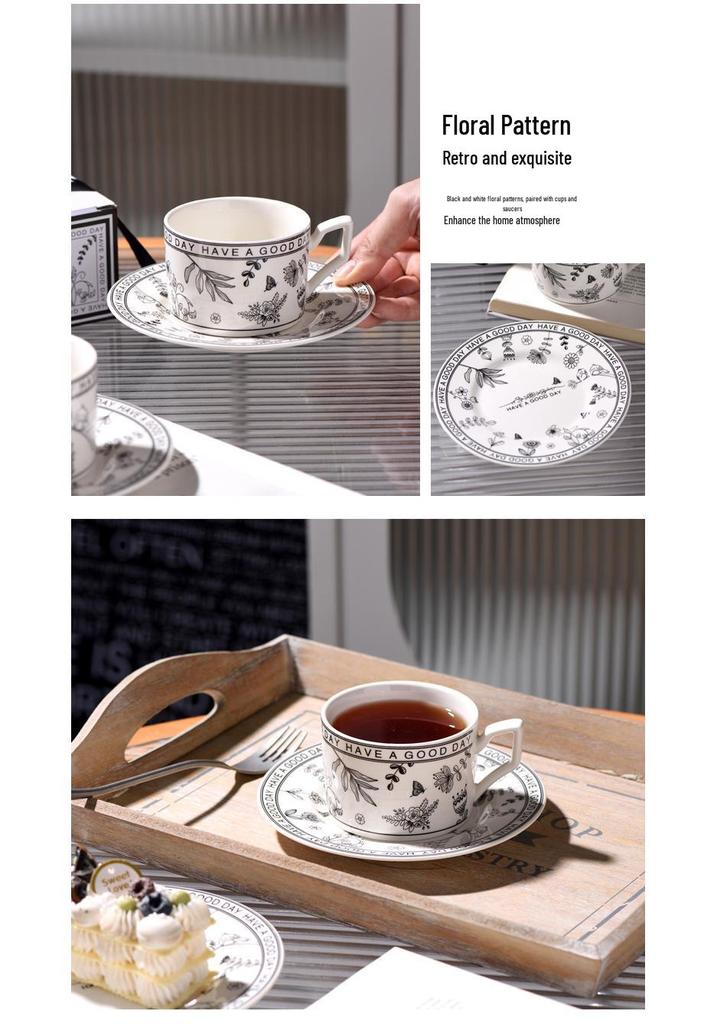 Exquisite Retro Floral Black & White Coffee Cup Set - Luxury Summer Gift Box