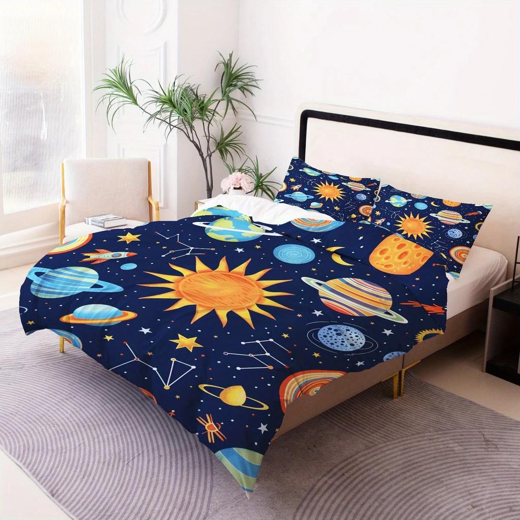 3D Cartoon Bettwäscheset Kosmischer Planet Bettbezug mit 1-2 Kissenbezügen Einzel- Doppelgröße Bettbezugset für Kinder Geburtstagsgeschenke