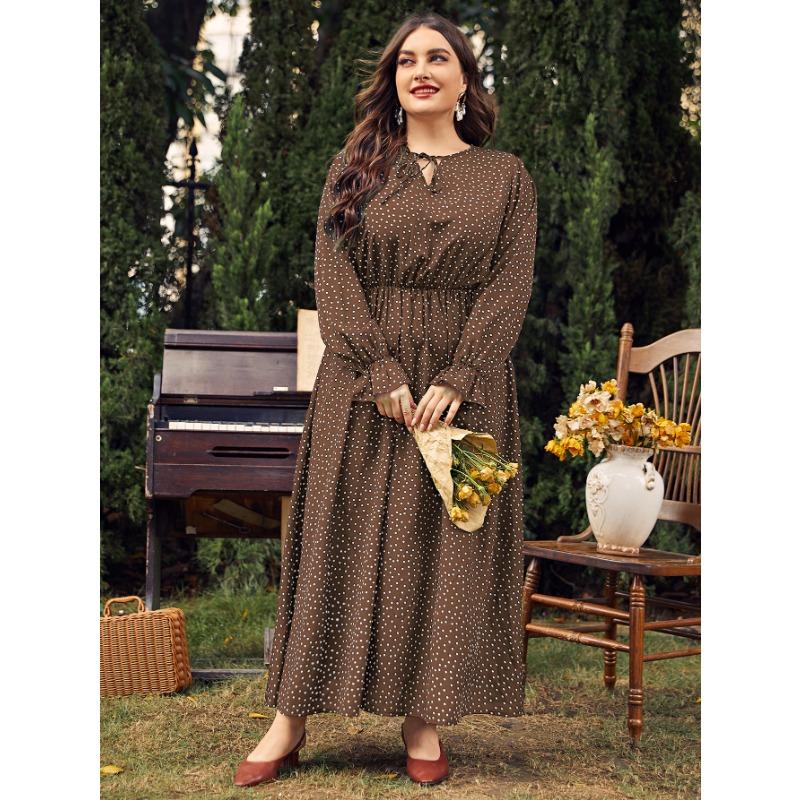 Jarné a jesenné dámske šaty nadmerných veľkostí s bodkovaným vzorom, voľné šaty s dlhým rukávom