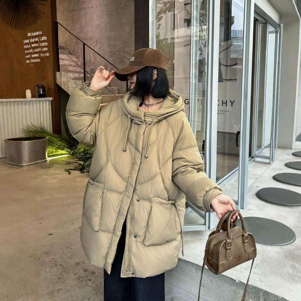 2026 Winter Damen Mode Kapuzen-Freizeit-Daunenjacke mit großen Taschen, lockere Passform, Oversized, Figurschmeichelndes A-Linien-Design