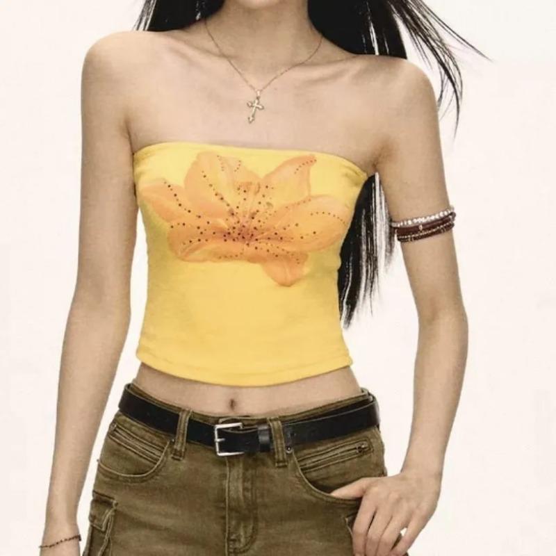 

Women s Yellow Strapless Crop Top with Lily Flower Print Slim Fit Y2K Style Tube Top S