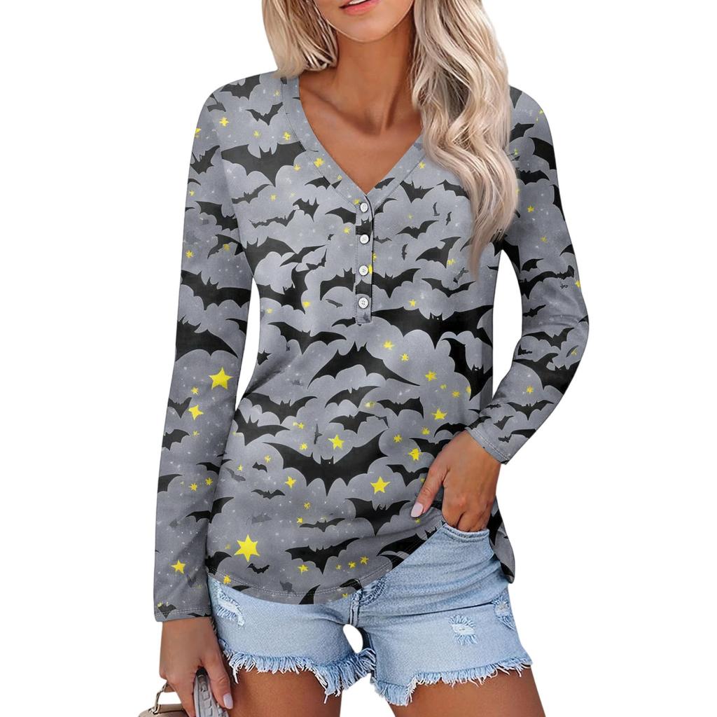 Women's Casual Fashion Sexy Comfort Halloween Printed V-Neck Button Long Sleeve