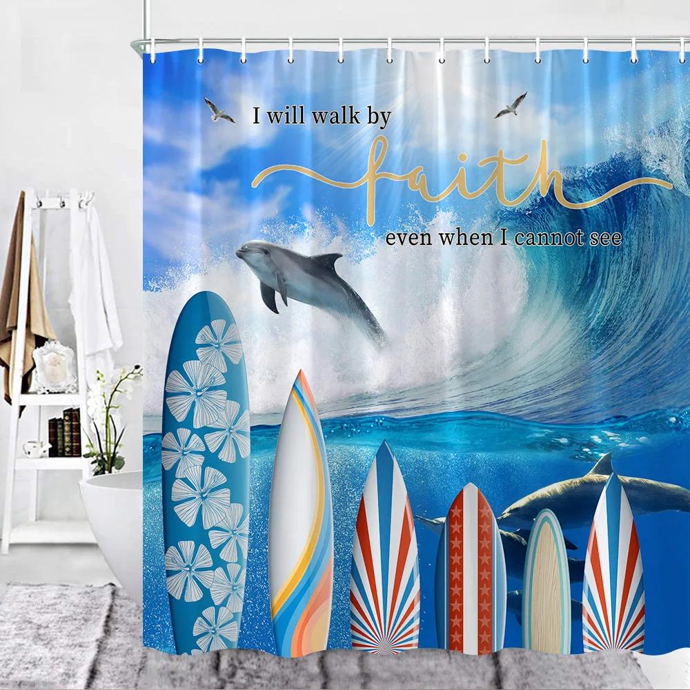 

Summer Ocean Scenery Shower Curtain Beach Surfboard Palm Tree Seascape Landscapes Polyester Fabric Decor Bathroom Curtain Hooks W90XH180cm