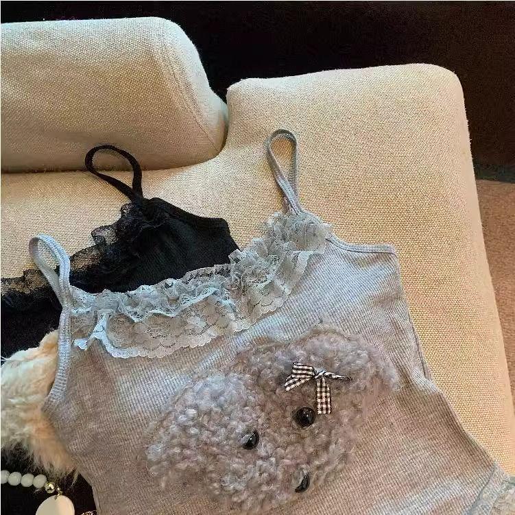גופיית בנדו תחרה טלאים מתוקה וחריפה לגורה - בגד פנימי/חיצוני ללא שרוולים לנשים לאביב