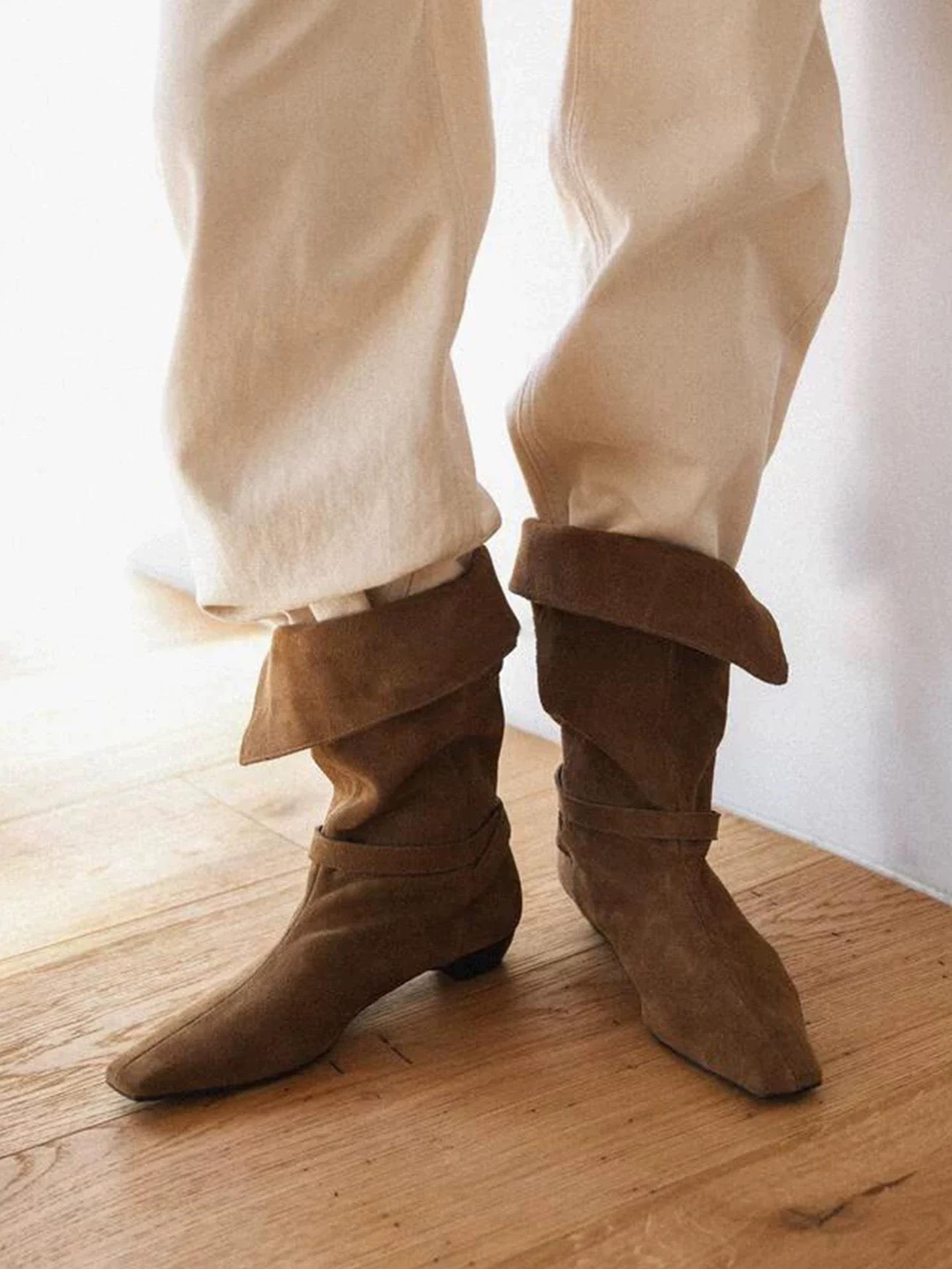 

Cowhide version~ European and American retro niche belt buckle square head thick heel folded medium boots women s 2025 new knight boots 40 коричневий