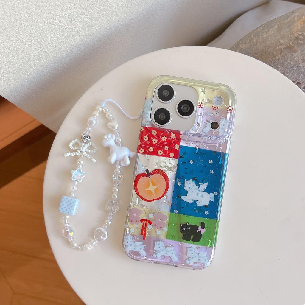 Kawaii Patchwork Einhorn & Katze Muster Perlen Pony Anhänger Riemen Handyhülle für iPhone 17 16 15 14 11 12 13 Pro Max Plus Rückseite