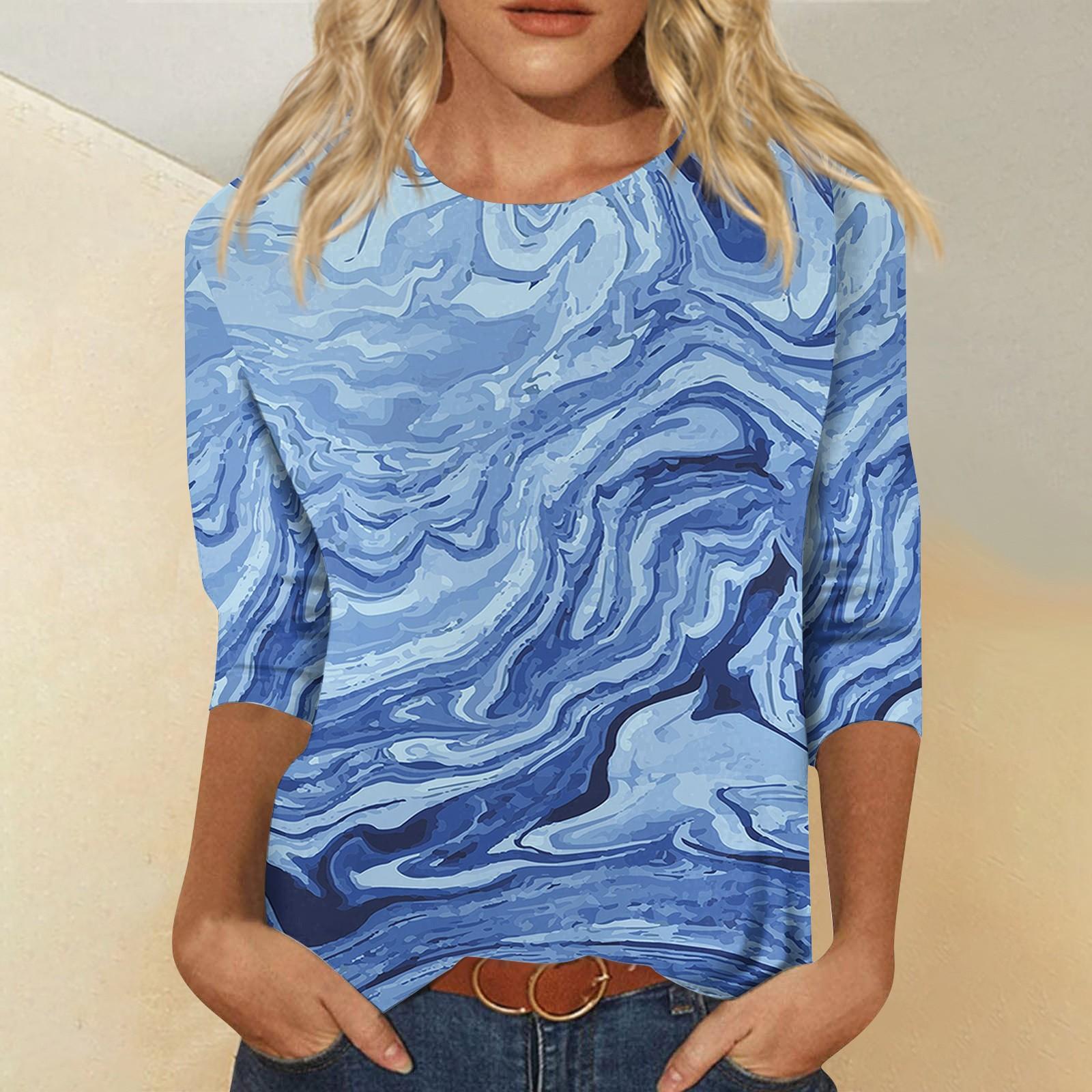 

Жіночий модний повсякденний топ з принтом і круглим вирізом із рукавом у сім точок M небо синє кольору